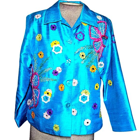 Vintage Blue Silk Embellished Blazer Jacket Size Medium - Picture 1 of 3